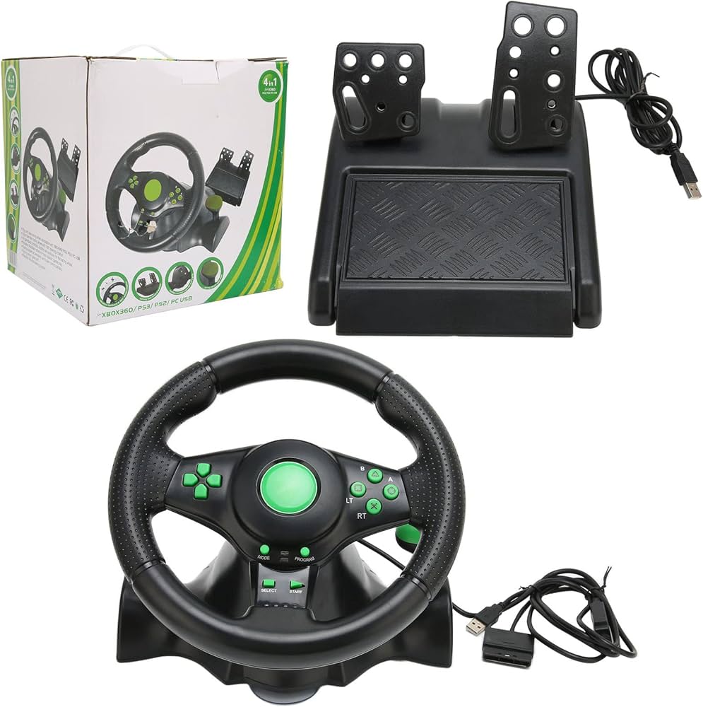 🏎️ Volant de Course USB 4 en 1 + Pédales – 180° Rotation | PC / Xbox 360 / PS3 / PS2